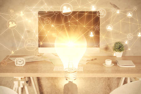 Double exposure of social network theme drawing and office interior background. Concept of web.