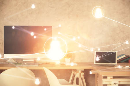 Double exposure of social network theme drawing and office interior background. Concept of web.