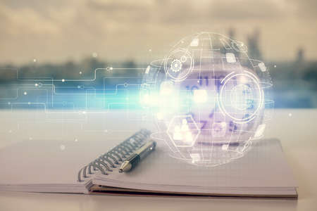 Double exposure of social network theme drawings and desk with open notebook background. Concept of...