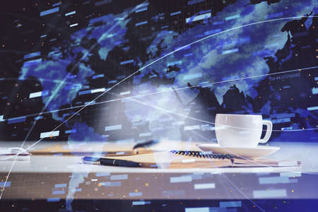 Multi exposure of technology theme drawing and desktop with coffee and items on table background....