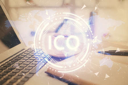Double exposure of crypto technology drawing and desktop with coffee and items on table background....