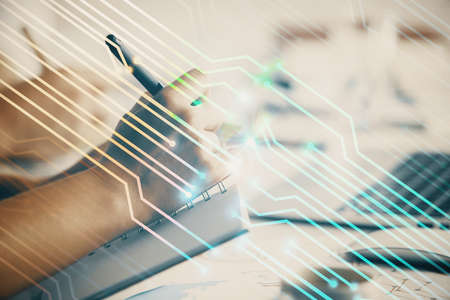 Double exposure of data theme sketch drawing over people writing background. Concept of technology