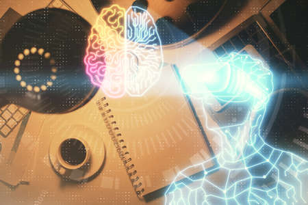 Double exposure of AR glasses drawing and work table top veiw. Concept of virtual reality.の写真素材