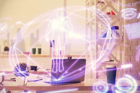 Double exposure of education theme drawing and office interior background. Concept of science.