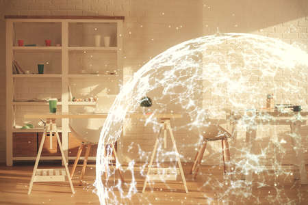 Double exposure of social network theme drawing and office interior background. Concept of web.