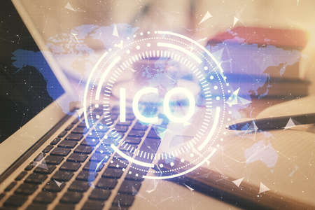 Double exposure of crypto technology drawing and desktop with coffee and items on table background. Concept of blockchainの写真素材