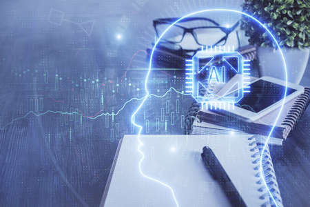 Double exposure of brain theme drawing and cell phone background. Concept of informationの写真素材