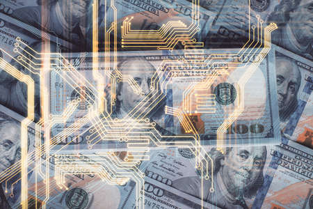 Double exposure of tech theme drawing over usa dollars bill background. Concept of technology.の写真素材