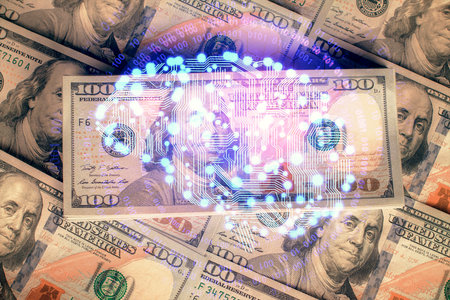 Double exposure of brain drawing over us dollars bill background. Technology concept.の写真素材