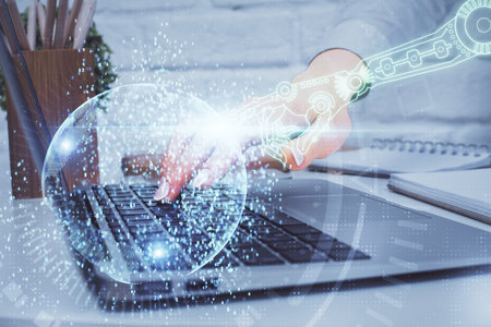 Double exposure of woman hands working on computer and data theme hologram drawing. Tech concept.
