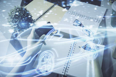 Multi exposure of woman on-line shopping holding a credit card and taxi drawing. Technology concept.