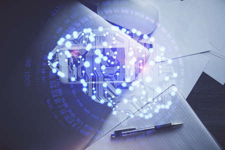 Double exposure of brain drawing over work table desktop. Top view. Global data analysis concept.