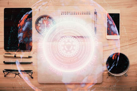 Multi exposure of technology theme drawing over table with phone. Top view. Concept of hightech.