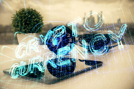 Double exposure of blockchain theme drawing and cell phone background. Concept of cryptomarketの写真素材