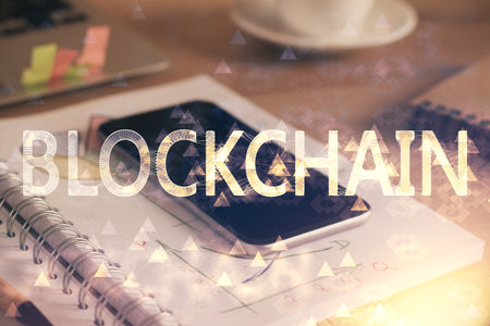 Double exposure of blockchain theme drawing and cell phone background. Concept of cryptomarketの写真素材