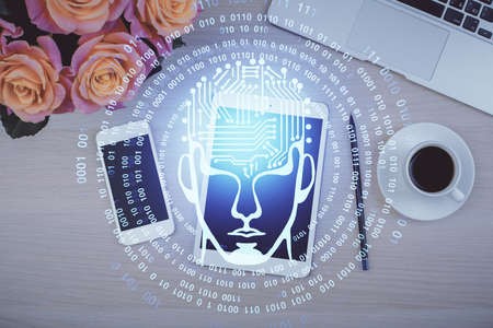 Double exposure of brain drawing over work table desktop. Top view. Global data analysis concept.
