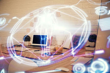 Double exposure of education theme drawing and office interior background. Concept of science.の写真素材