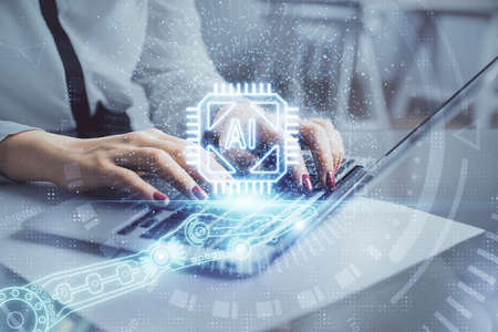 Multi exposure of woman hands working on computer and data theme hologram drawing. Tech concept.