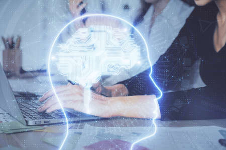 Multi exposure of woman hands working on computer and brain hologram drawing. Ai concept.