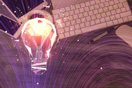 Double exposure of bulb drawing over table with phone. Top view. Concept of idea.