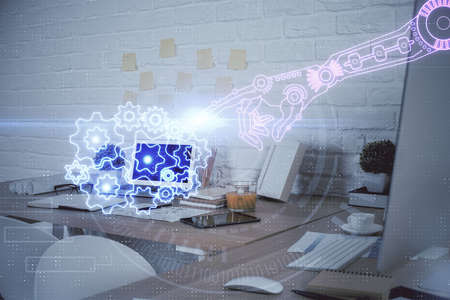 Double exposure of data theme drawing and office interior background. Concept of technology.