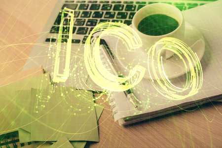Double exposure of crypto technology drawing and desktop with coffee and items on table background. Concept of blockchainの写真素材