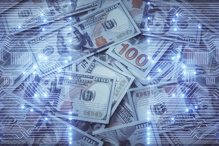 Double exposure of tech theme drawing over usa dollars bill background. Concept of technology.