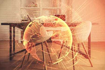 Double exposure of social network theme drawing and office interior background. Concept of web.