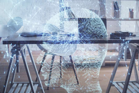 Multi exposure of brain drawing and office interior background. Concept of data technology.の写真素材