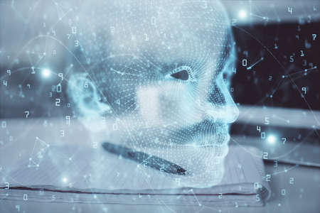 Multi exposure of brain drawings and desk with open notebook background. Concept of AI
