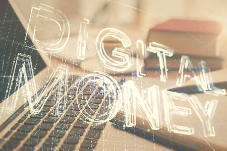 Double exposure of crypto technology drawing and desktop with coffee and items on table background. Concept of blockchainの写真素材