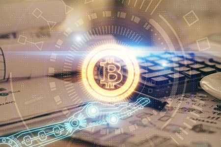 Double exposure of blockchain theme drawings and desk with open notebook background. Concept of...