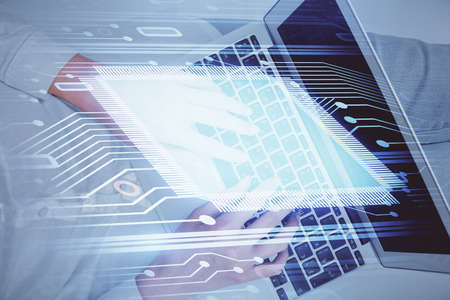 Double exposure of woman hands working on computer and data theme hologram drawing. Top View....