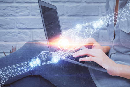 Double exposure of woman hands working on computer and data theme hologram drawing. Tech concept.