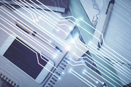 Multi exposure of technology theme drawing over work table desktop. Top view. Global data analysis...