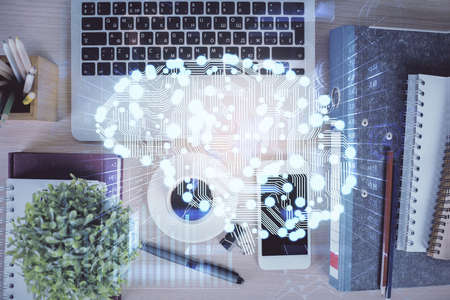 Double exposure of brain drawing over work table desktop. Top view. Global data analysis concept.の写真素材