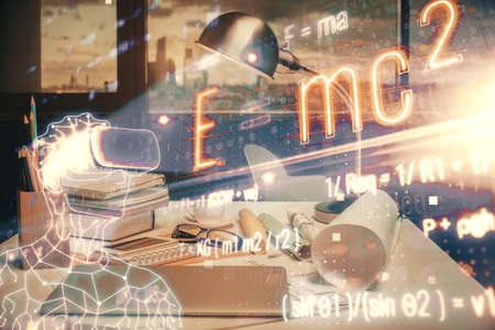 Double exposure of formulas drawing and office interior background. Concept of education.