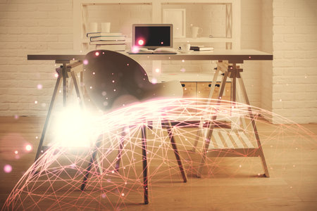 Double exposure of social network theme drawing and office interior background. Concept of web.の写真素材