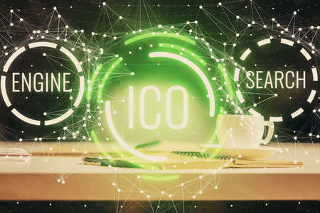Double exposure of crypto technology drawing and desktop with coffee and items on table background....