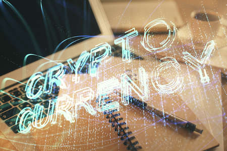 Double exposure of crypto technology drawing and desktop with coffee and items on table background....