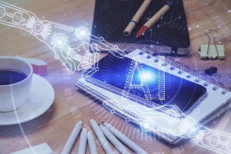 Double exposure of data theme drawing and mobile phone background. Concept of innovation