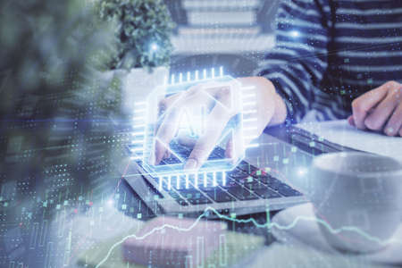 Double exposure of woman hands working on computer and data theme hologram drawing. Tech concept.