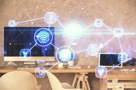Double exposure of social network theme drawing and office interior background. Concept of web.