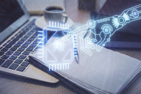 Multi exposure of technology theme drawing and desktop with coffee and items on table background. Concept of data research.の写真素材