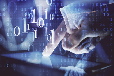Multi exposure of man's hand holding and using a digital device and data theme drawing. Innovation...