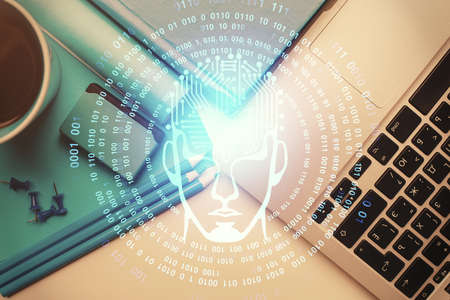 Multi exposure of brain sketch hologram over topview work table background with computer. Concept of...