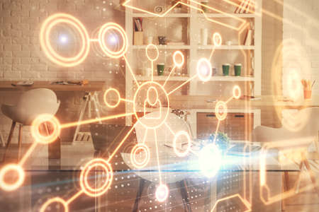 Double exposure of social network theme drawing and office interior background. Concept of web.