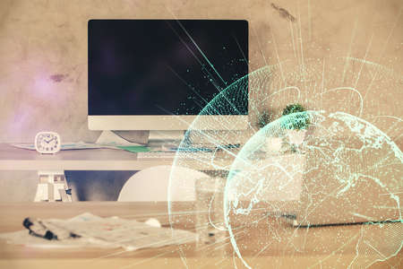 Double exposure of social network theme drawing and office interior background. Concept of web.の写真素材