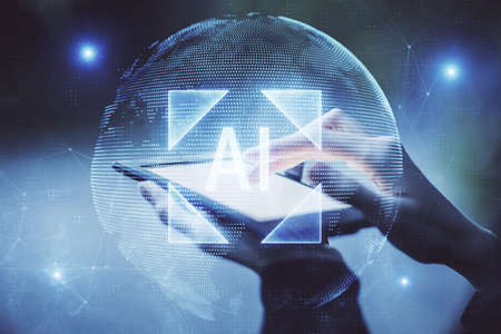 Double exposure of technology sketch hologram and woman holding and using a mobile device. Ai...