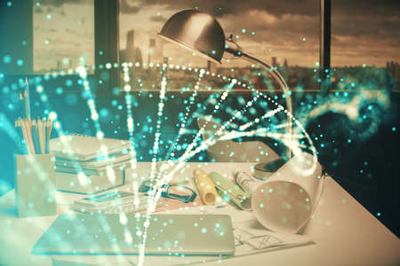 Double exposure of dna drawing and office interior background. Concept of science.の写真素材